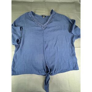 AUW Blue lace embroidered v-neck front tie shirt Size casual travel  XL